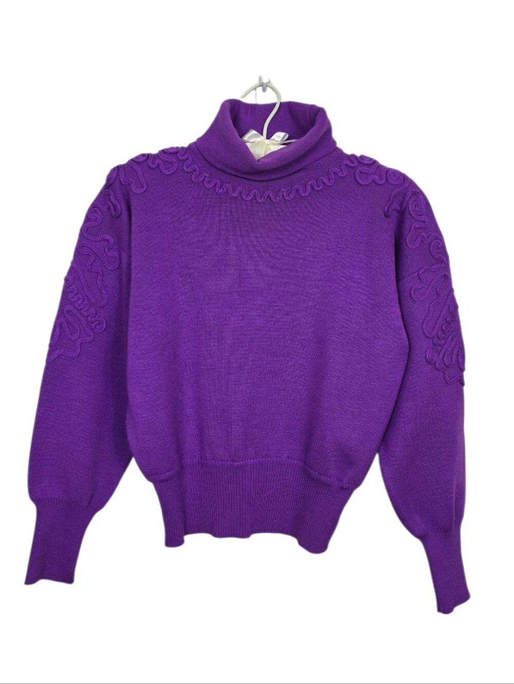 Vintage Meister Ski Sweater Scroll Appliqué Turtleneck Wool Small Violet Purple